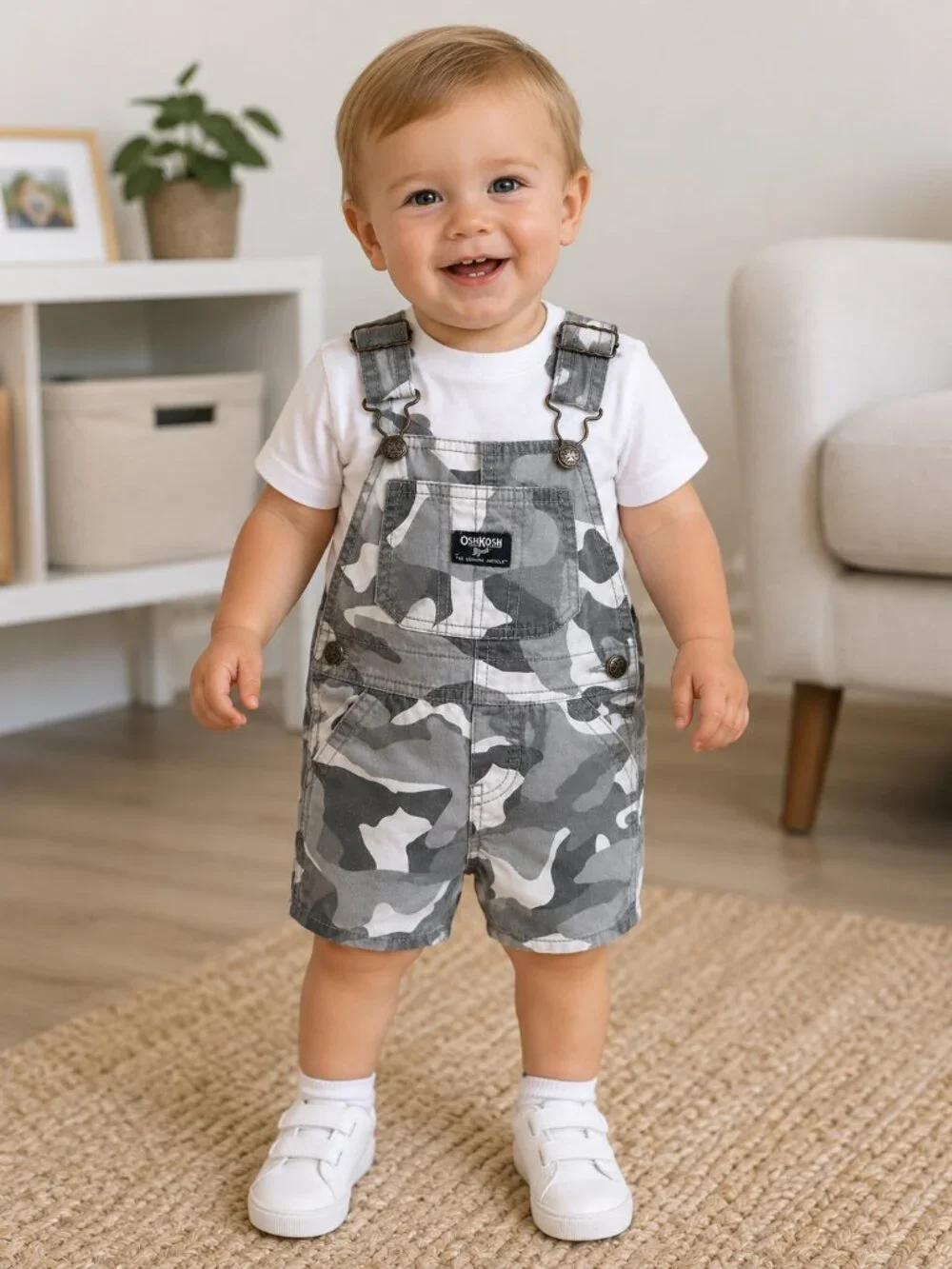 Vintage OshKosh B'gosh Gray Camo Shortalls Baby Boy Size 12 Months Gently Used
